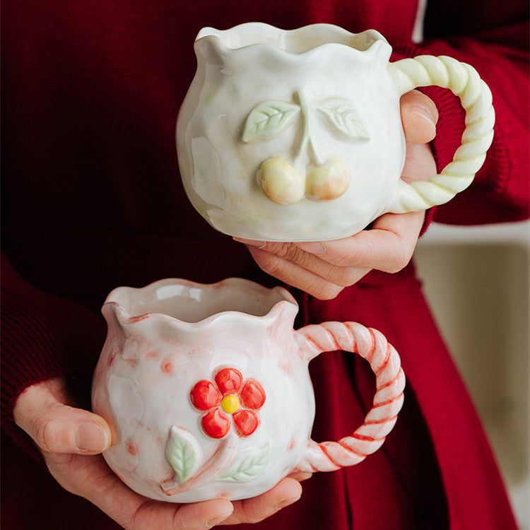 Hand Painted Embossed Flower Ceramic Mug with Large Capacity