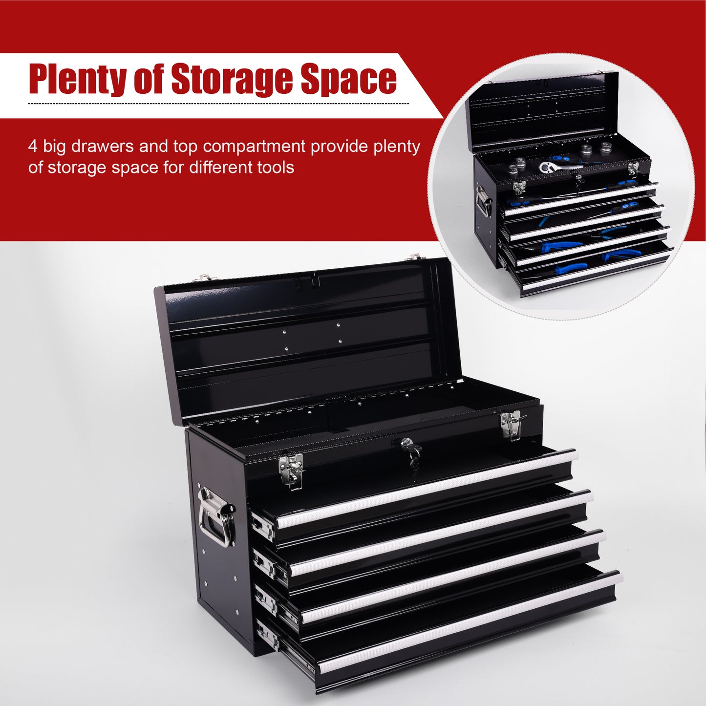 Heavy Duty Metal Tool Box 21-Inch with 4 Drawers and Locking Mechanism