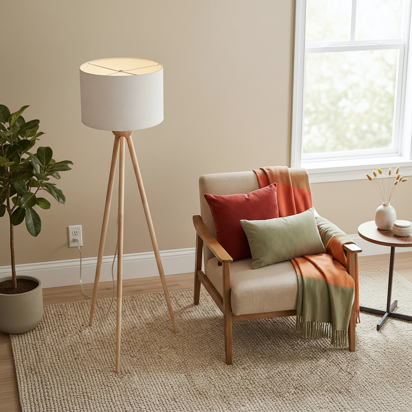 Tall Corner Floor Lamp - Energy Efficient LED Wooden Light - Brown