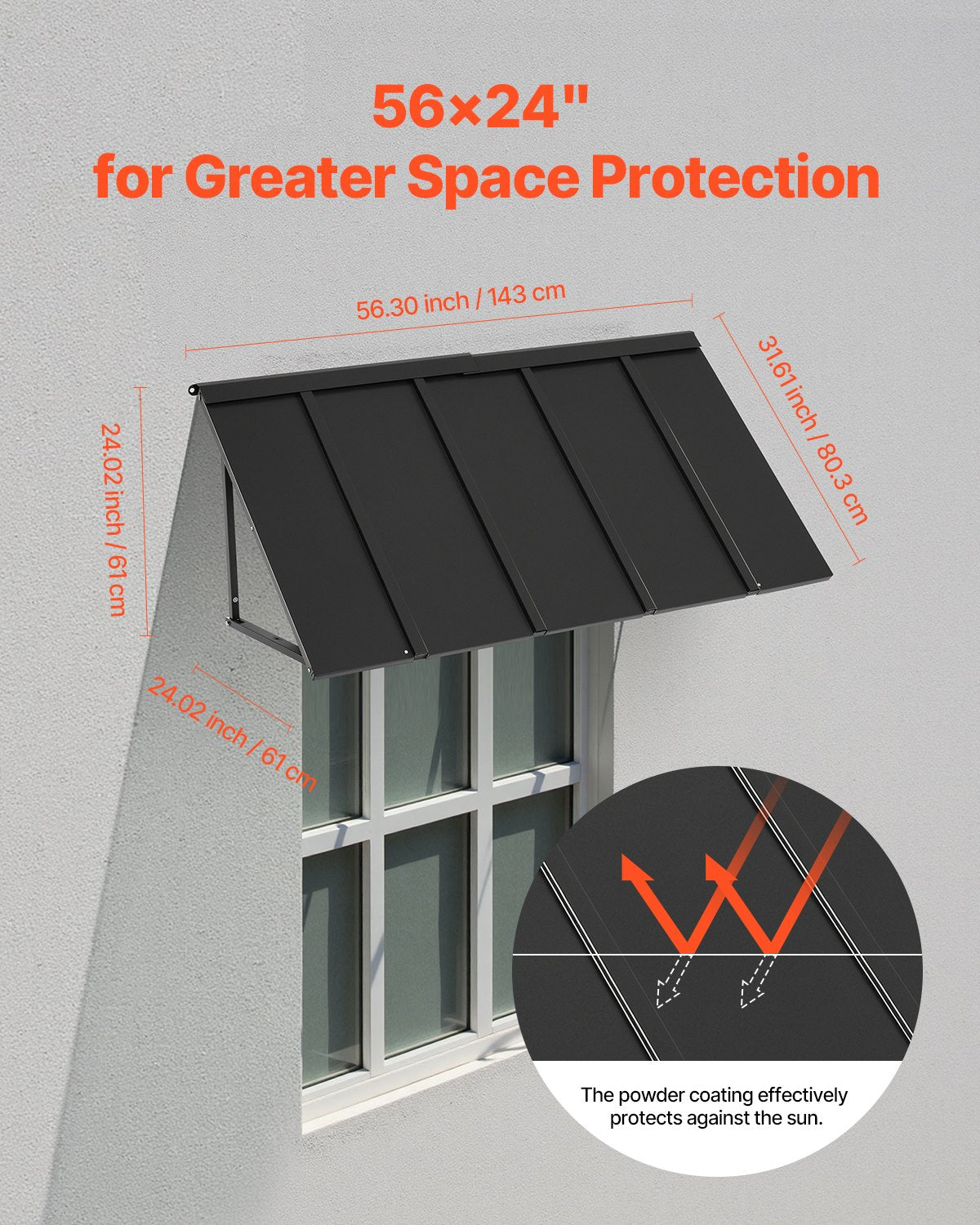 Outdoor Steel Window Awning 56x24 Inch Anti-Rust Door Canopy for Weather Protection