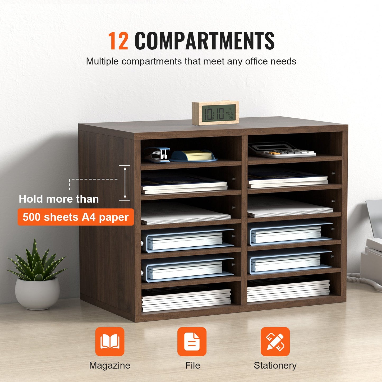 Wood Literature Organizer with 12 Compartments - Adjustable Shelves
