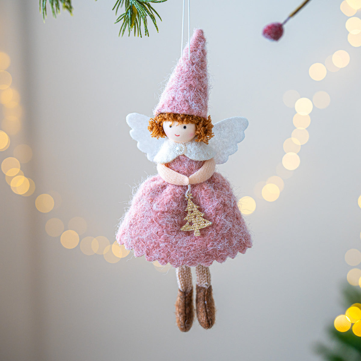 Christmas Girl Angel Felt Pendant Decor - White & Pink Holiday Ornaments