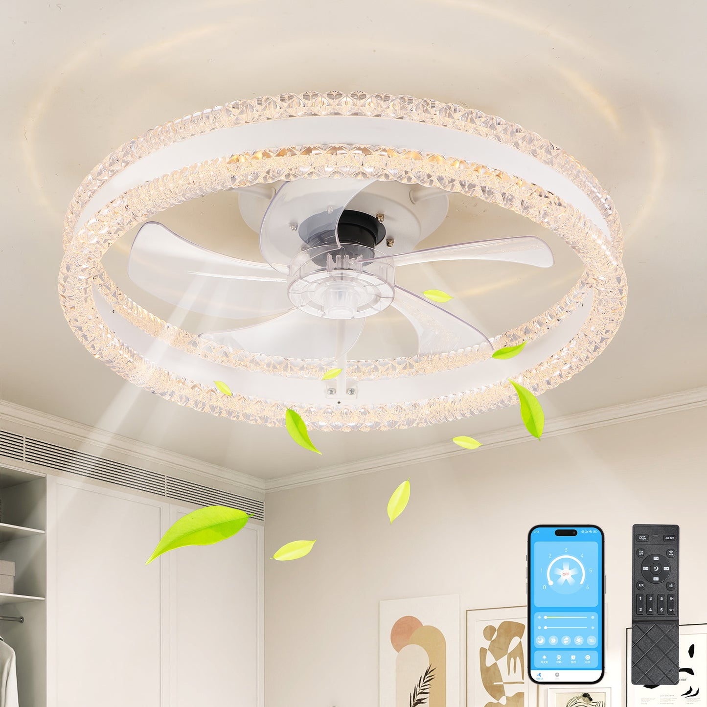 Luxury Double Ring LED Ceiling Fan with Light - Modern Flush Mount