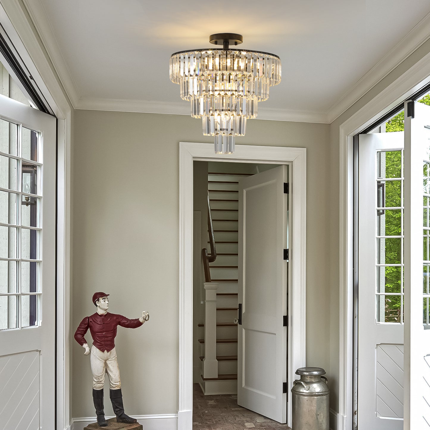 Modern Black Crystal Chandelier - 10-Light Flush Mount Fixture