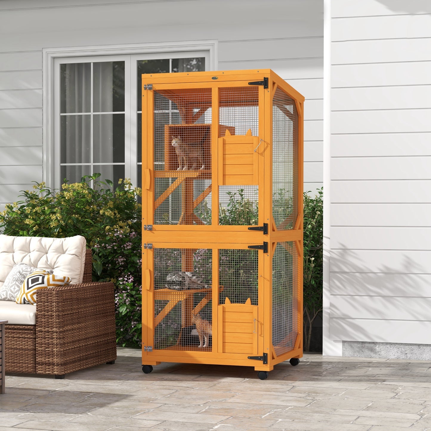 Large Wooden Cat House with Wheels - Enclosure for 1-3 Cats, Orange
