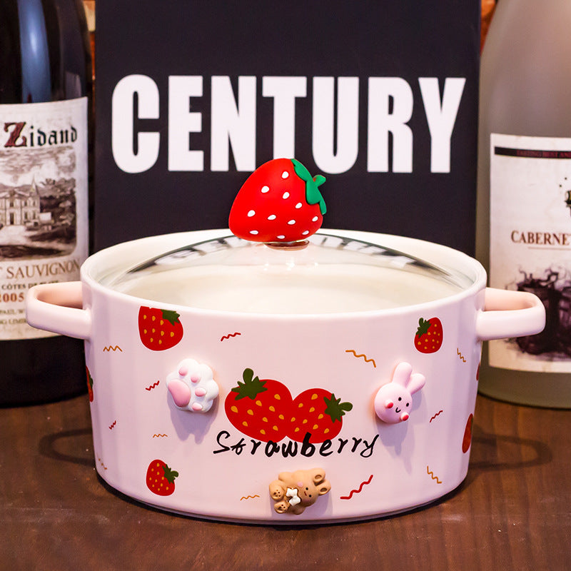 Ceramic Noodle Bowl with Lid and Ears - Strawberry Design, Easy to Clean