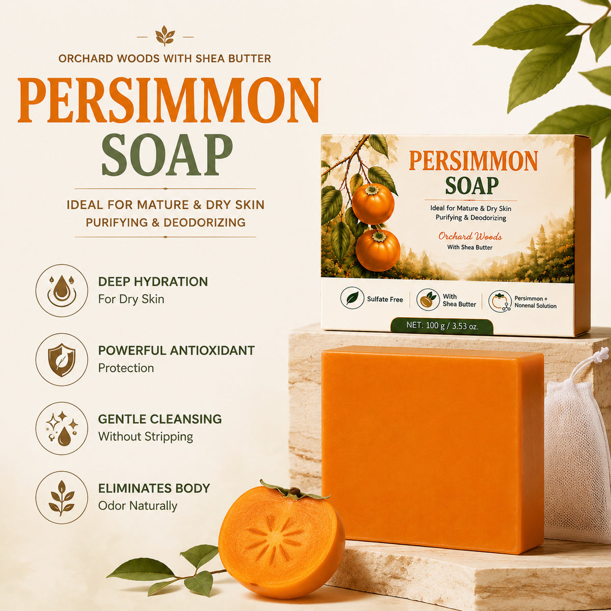 Persimmon Soap 100g | Natural Skin Care Bar for Face & Body - Multiple Quantities