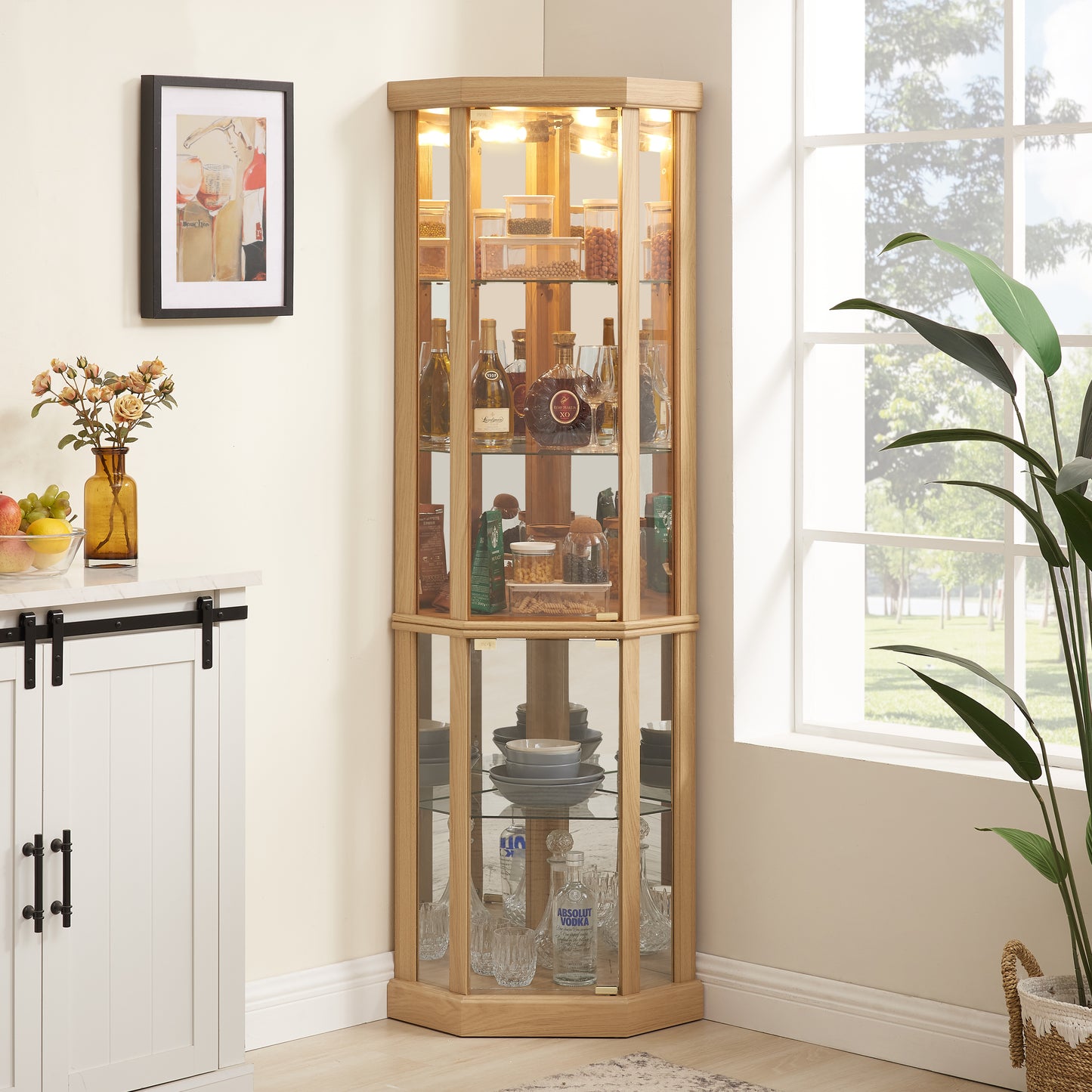 Corner Lighted Curio Cabinet Glass Display Case For Living Room,