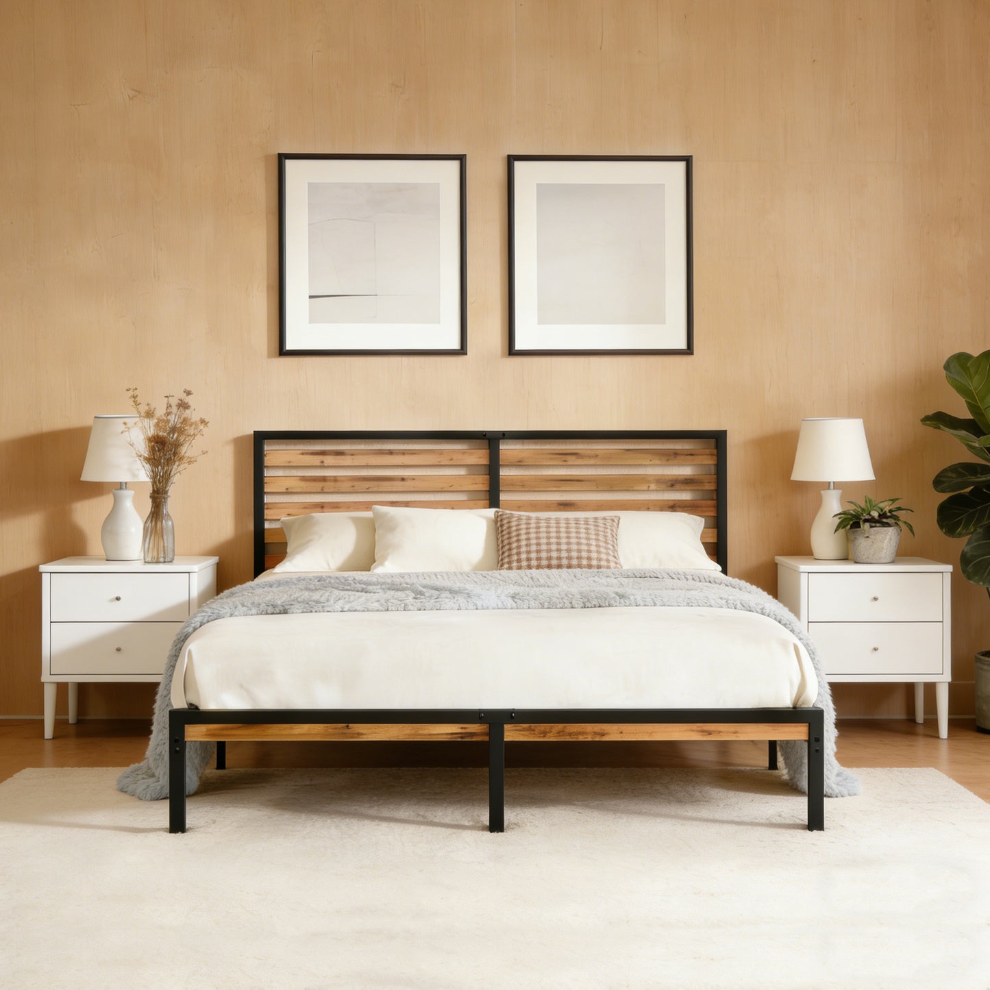 Full Size Platform Bed Frame with Wood Headboard & Under Bed Storage