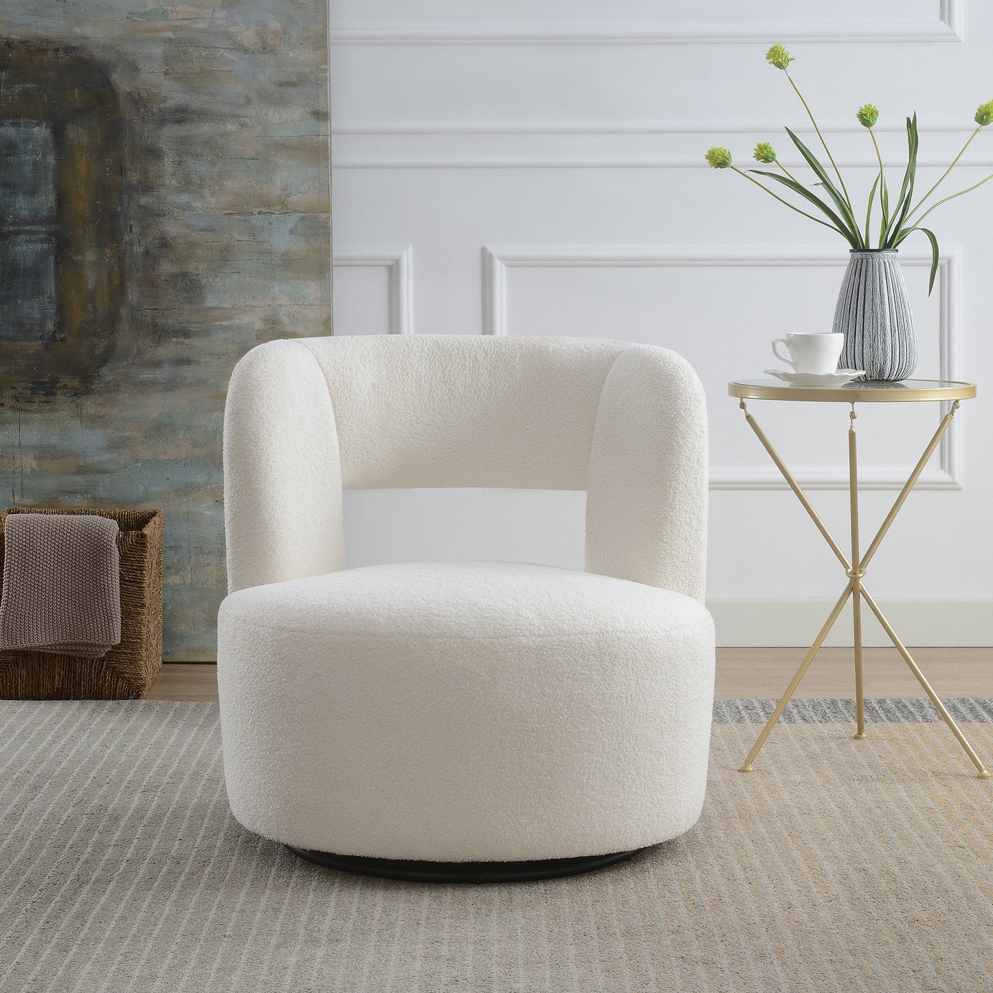 Swivel Barrel Chair in Soft Teddy Fabric - Cream Accent Chair