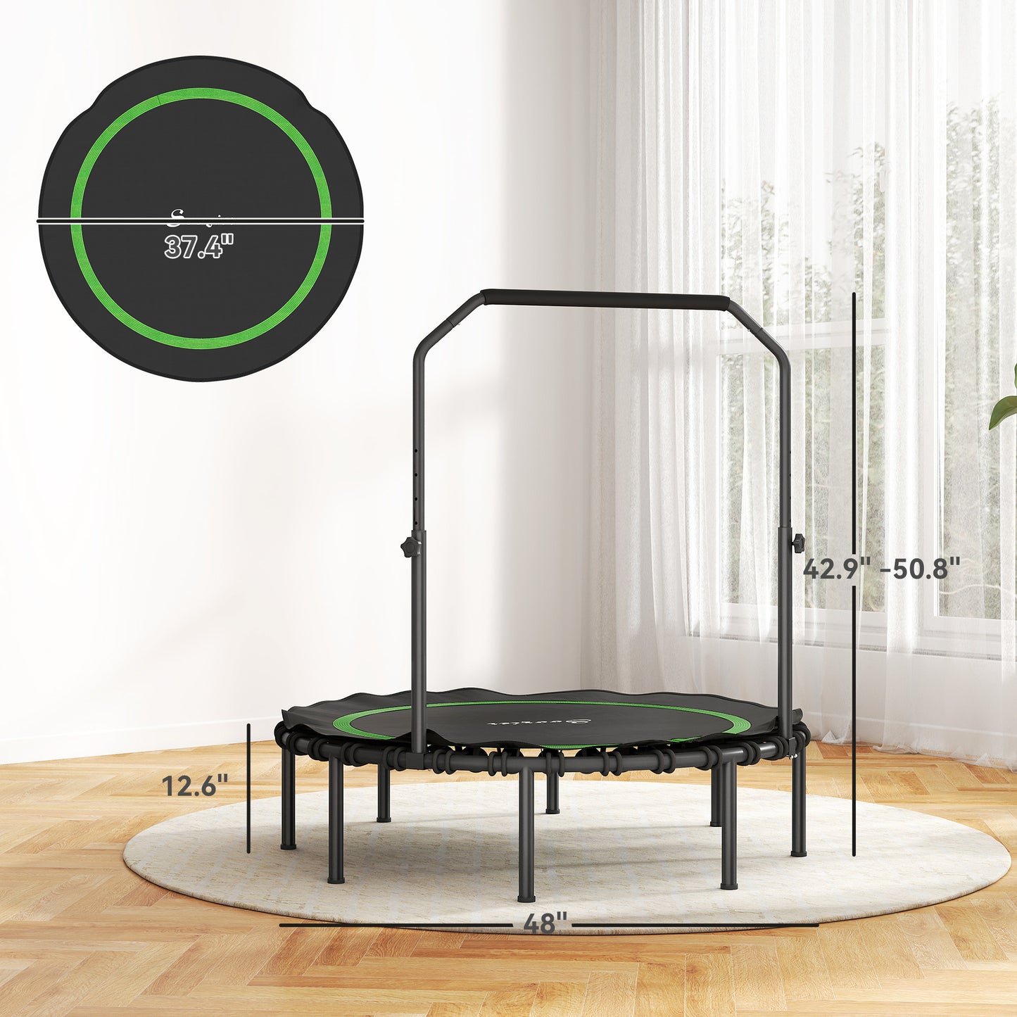 48" Foldable Rebounder Trampoline for Adults with Adjustable Handle - Green