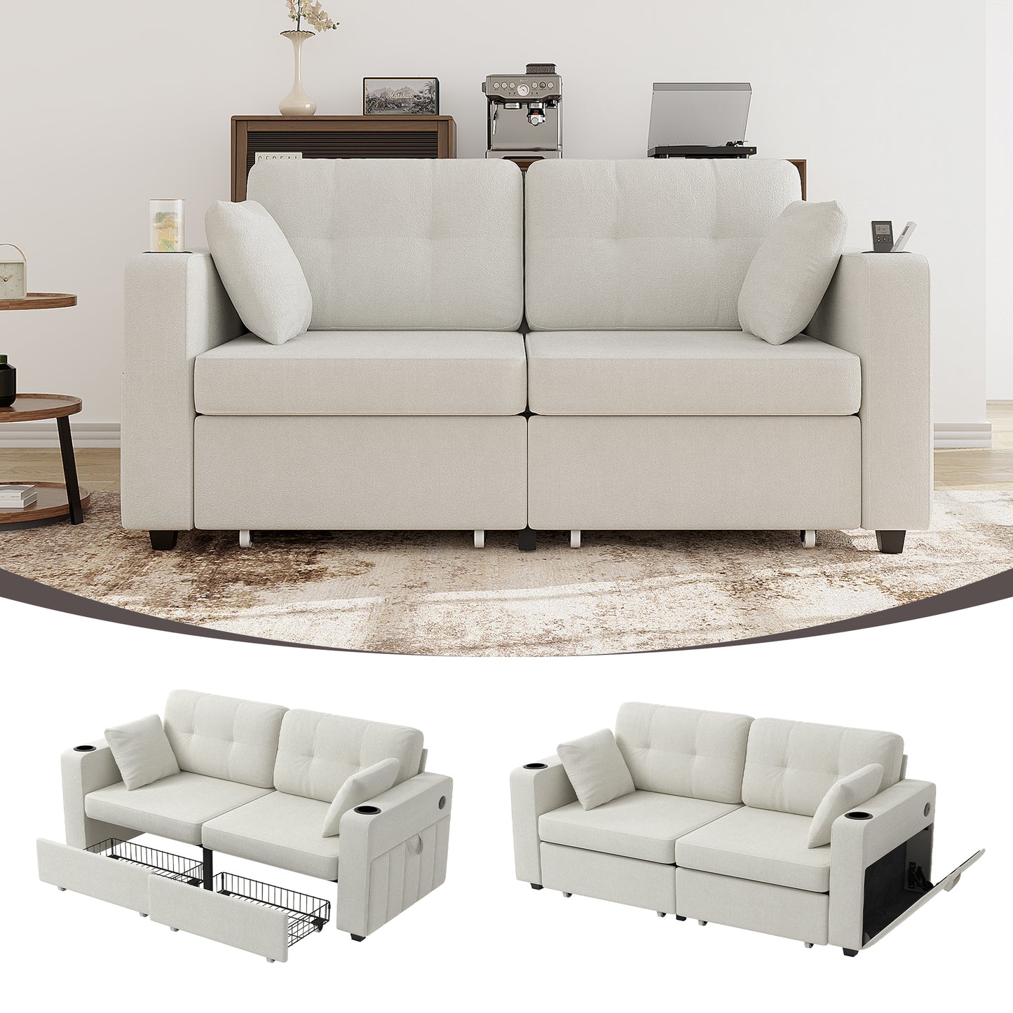Modern 3-Seat Sofa with USB Charging & Storage - Beige