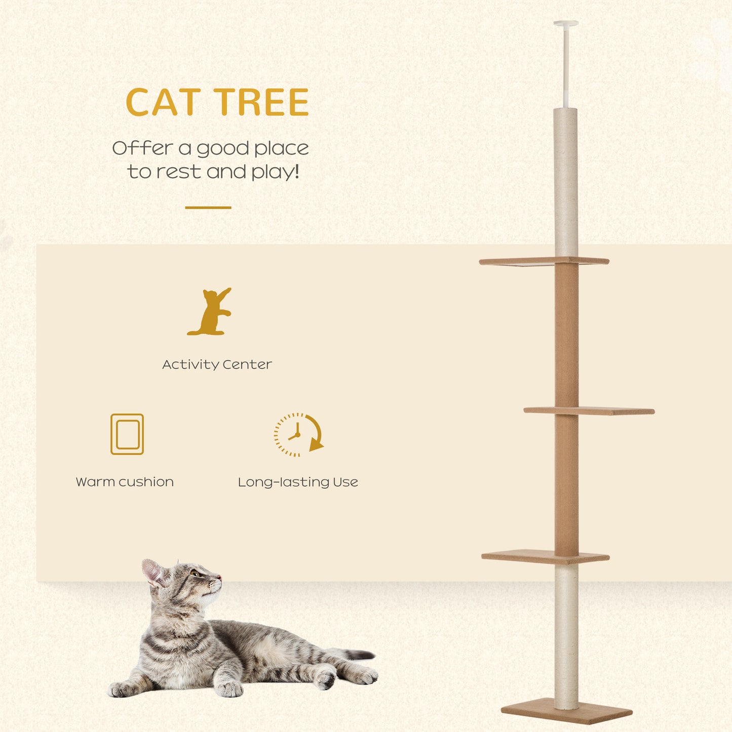 Floor-to-Ceiling Cat Tree Tower with Sisal Scratching Posts - Light Brown, 580x290x280 mm