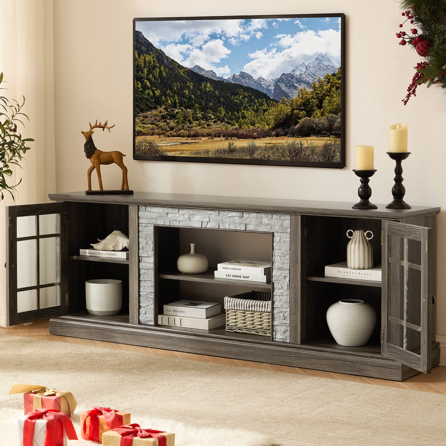 70 Modern TV Stand With 2-Door Storage, Faux Stone Media Console