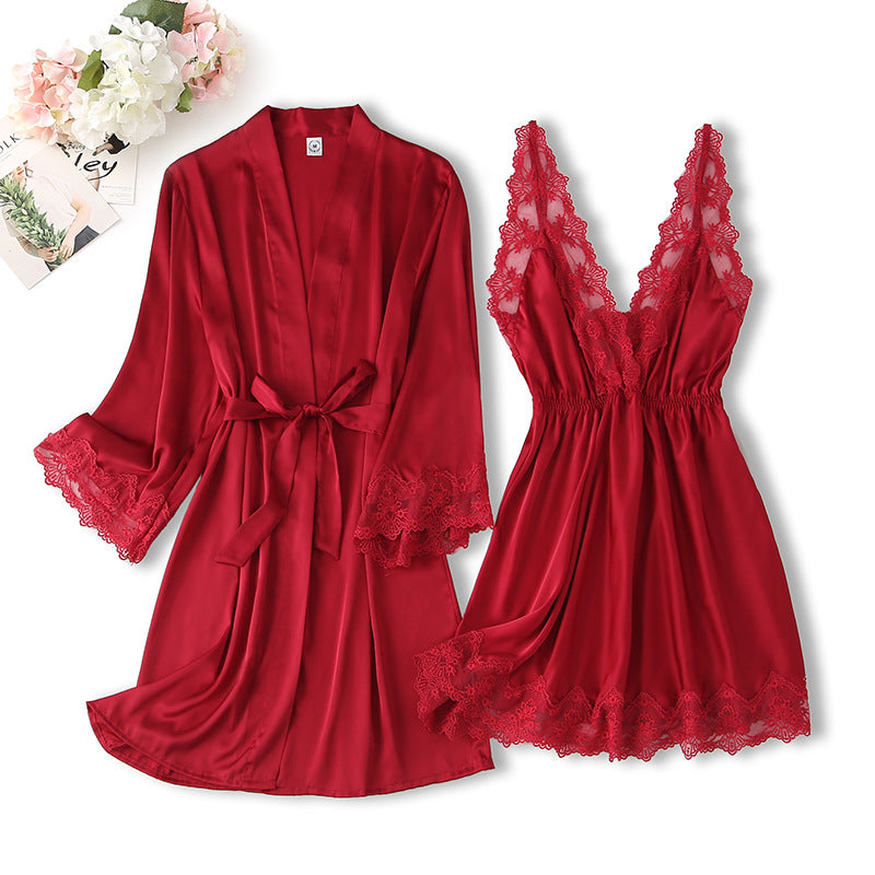 Women's Silk Pajamas Set with Lace - Summer Spring Sleepwear for Women