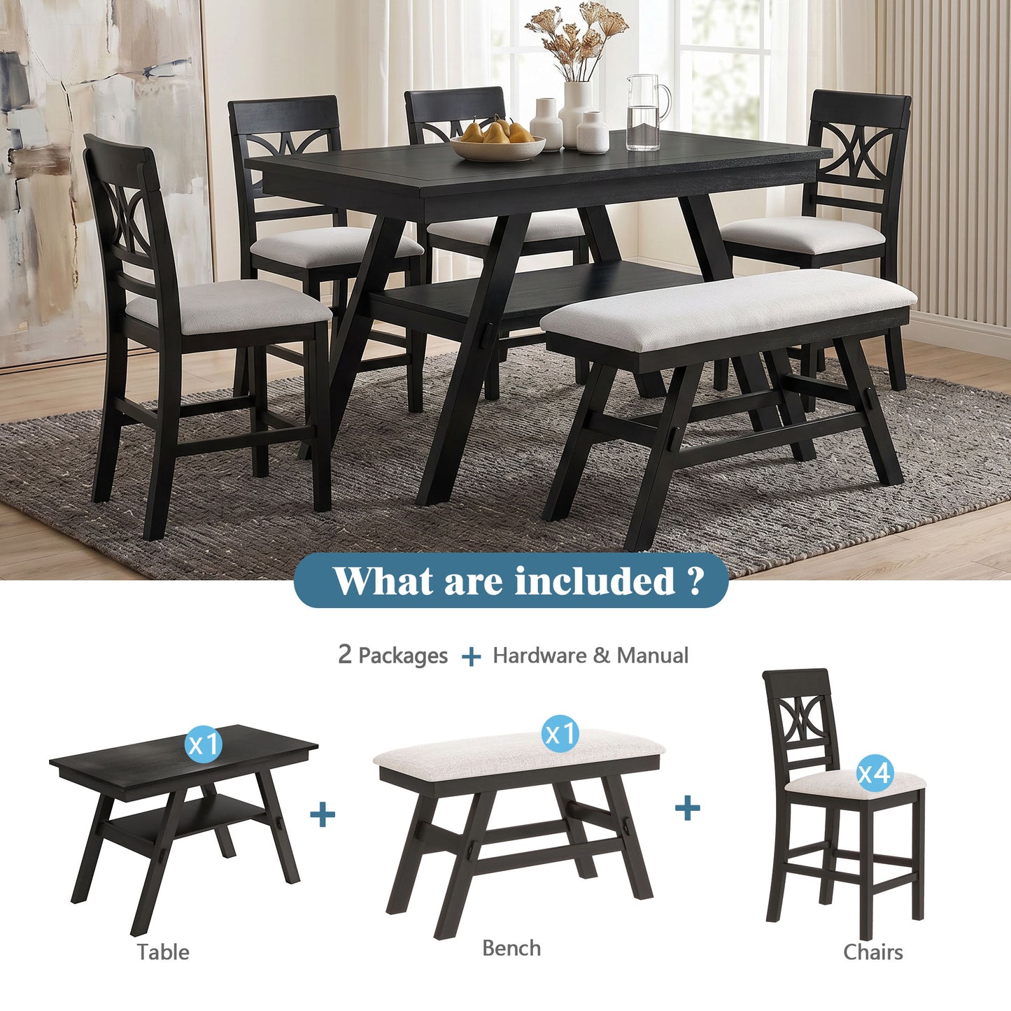 6-Piece Wood Counter Height Dining Table Set with Storage Shelf