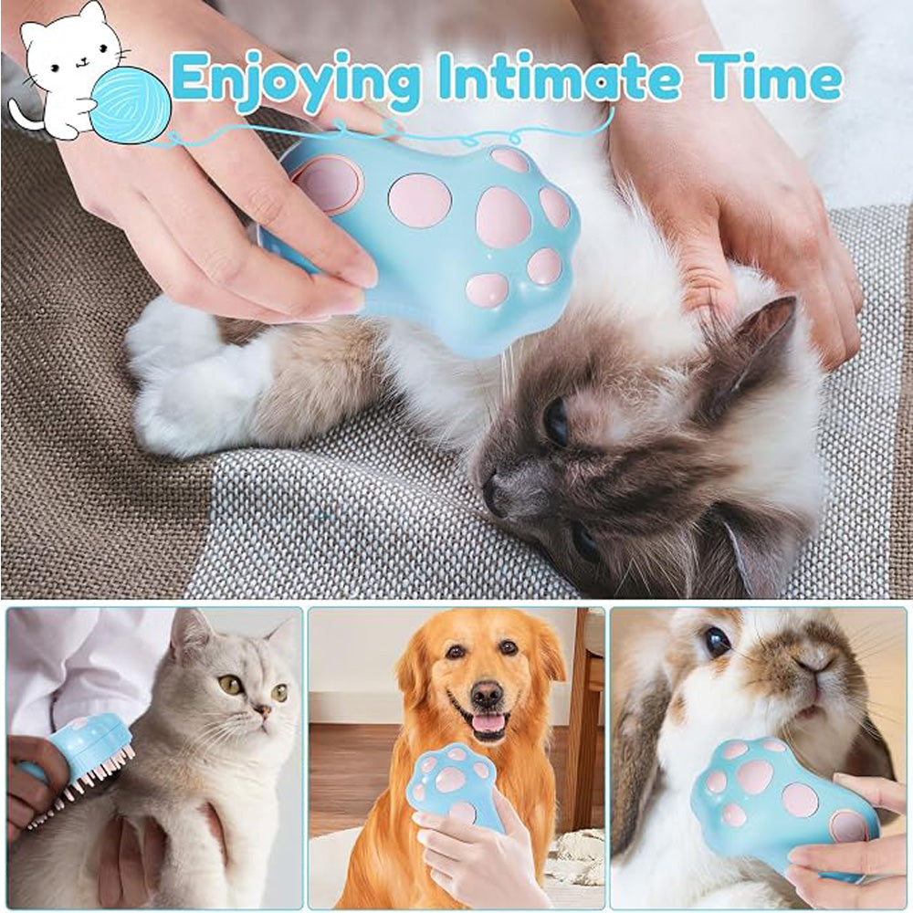 Rechargeable Pet Steam Grooming Brush with Paw Shape and Soft Silicone Teeth