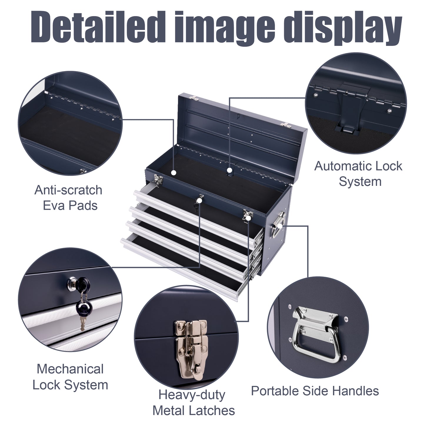 Heavy Duty Metal Tool Box 21-inch with 4 Drawers, Locking, EVA Liners, Antique Grey