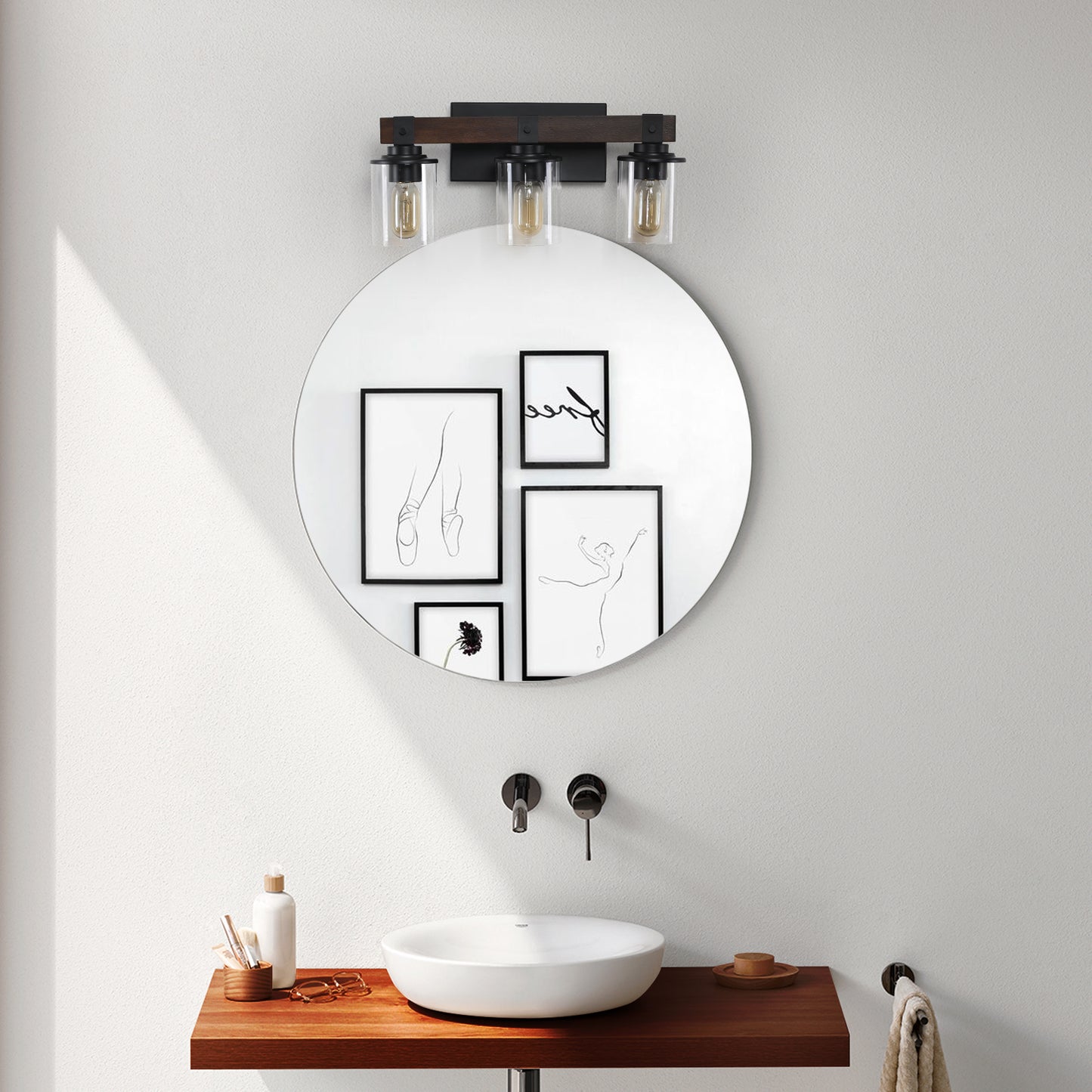 Rustic 3-Light Vanity Light Fixture with Glass Shades and Wood Accent