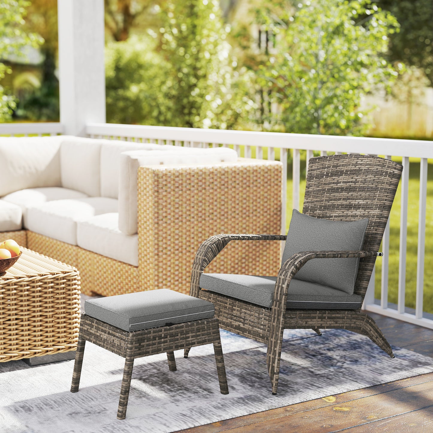 Wicker Adirondack Chair with Ottoman & Cushions - Gray