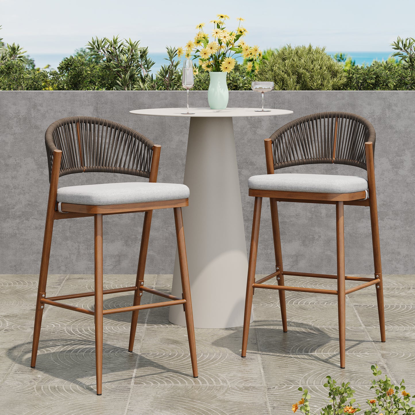 Outdoor 30.25 Seat Height Aluminum Frame Barstools With PE Rattan