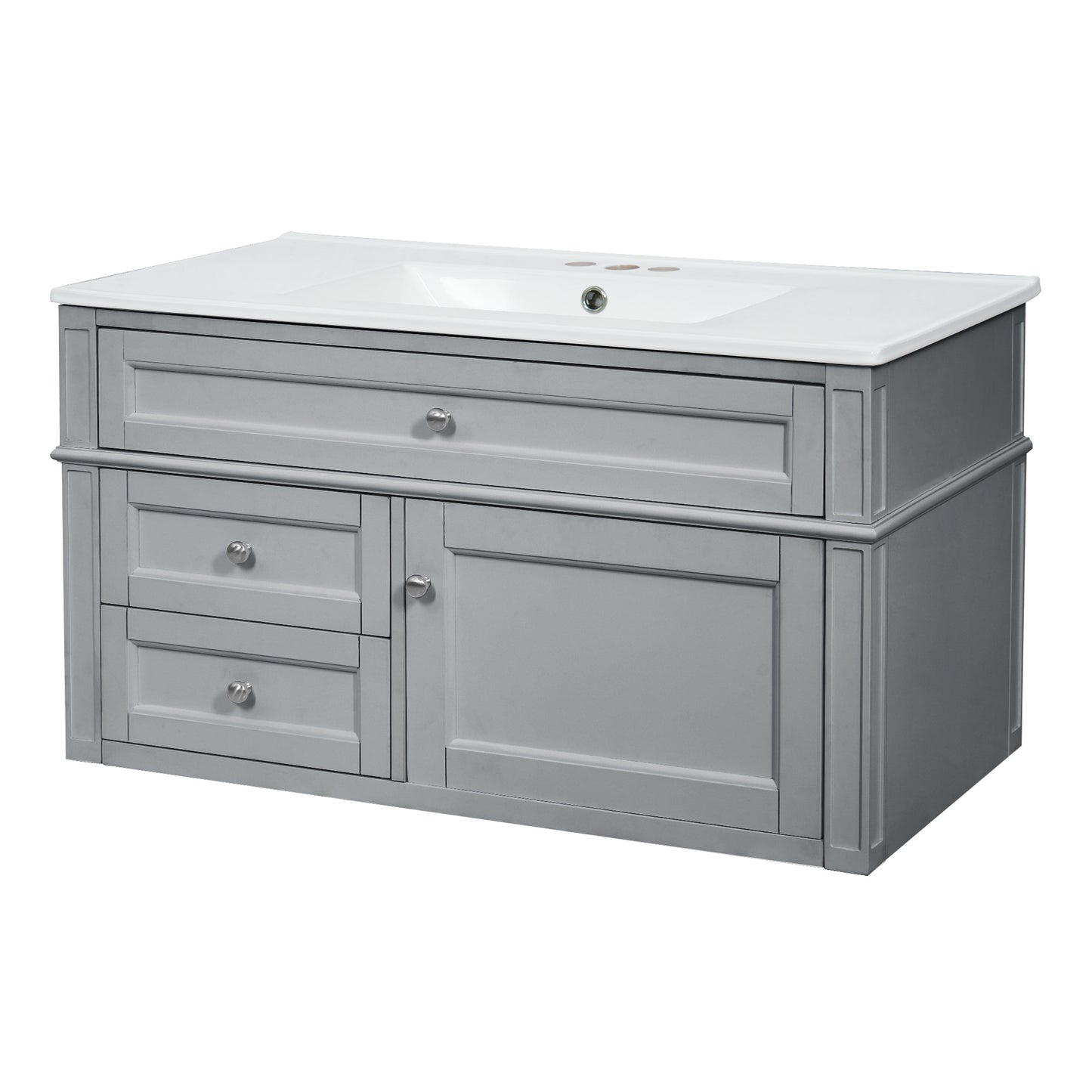 36-Inch Wall-Mounted Bathroom Vanity with Ceramic Sink & Drawers - Gray