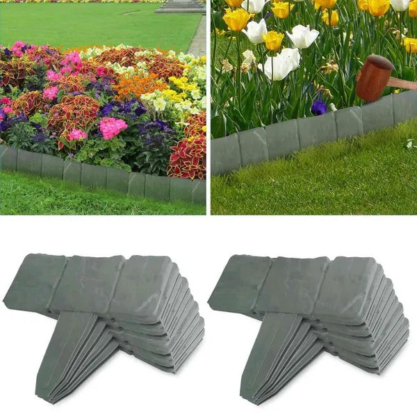 Pebble Effect Plastic Lawn Edge Border Set - Garden Bed Border Fence, 20 Pieces Grey