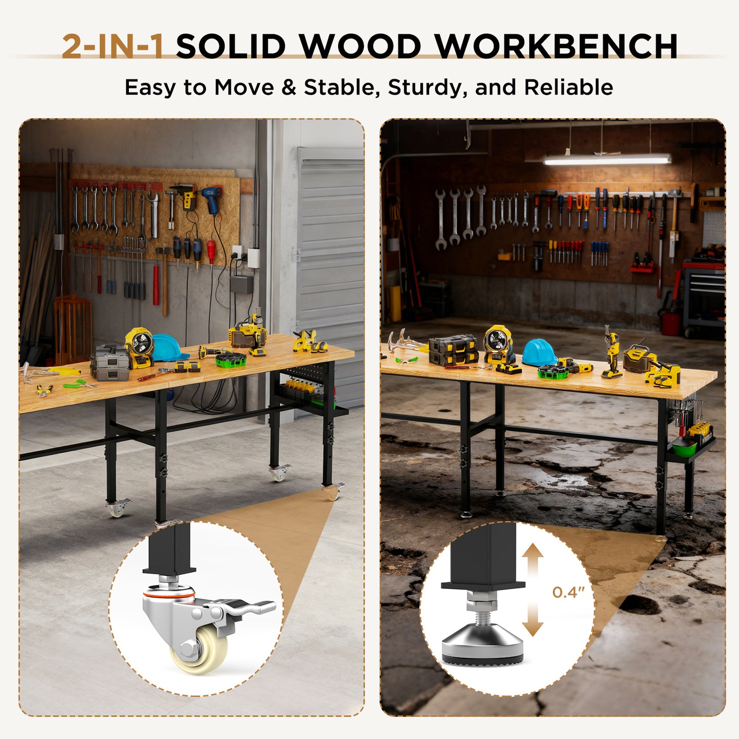 96" Adjustable Workbench with Pegboard & Power Outlet - Black