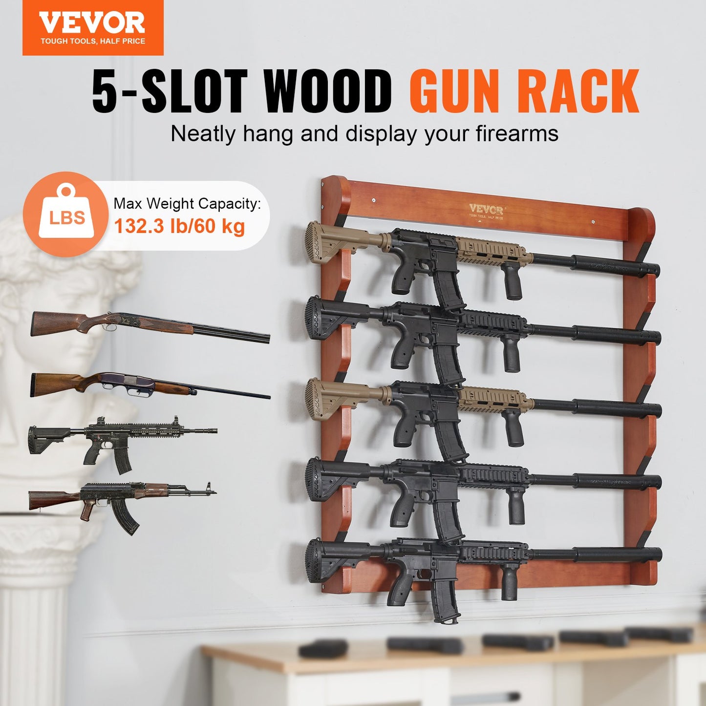 Wood Gun Rack Wall Mount - Holds 5 Rifles & Shotguns, Heavy Duty Wall Storage