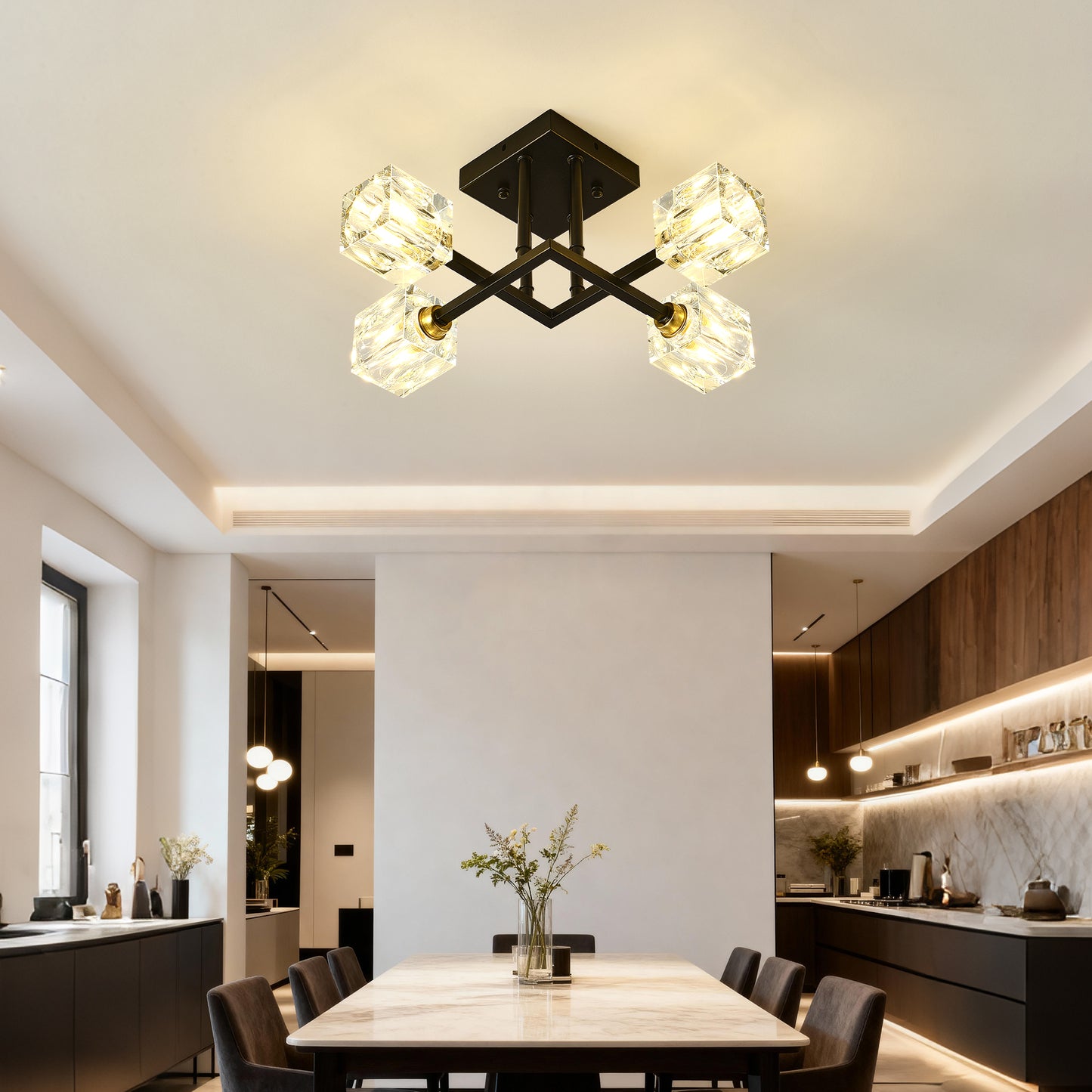 Modern Crystal Ceiling Light - 4 Lights, Matte Black, D16.99in H15.35in
