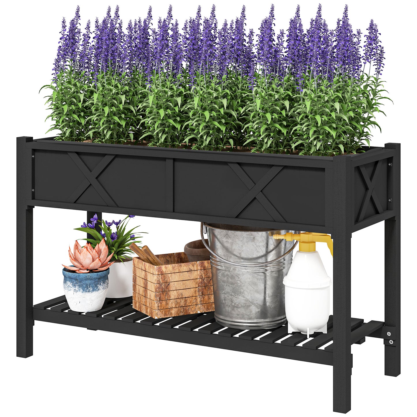 Raised Garden Bed with Storage Shelf and Drainage Holes - Black Wooden Planter Box