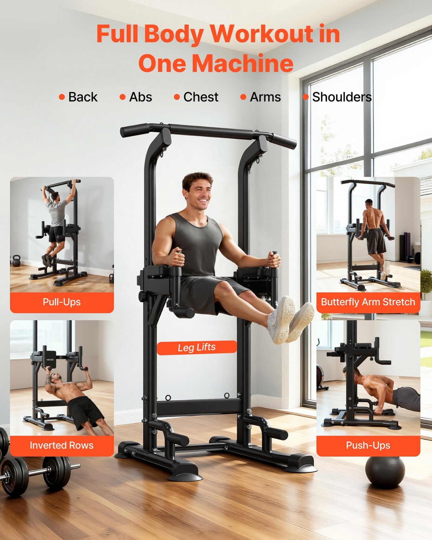 Adjustable Pull Up Bar Power Tower for Home Gym - Supports 330 LBS with Back Pad