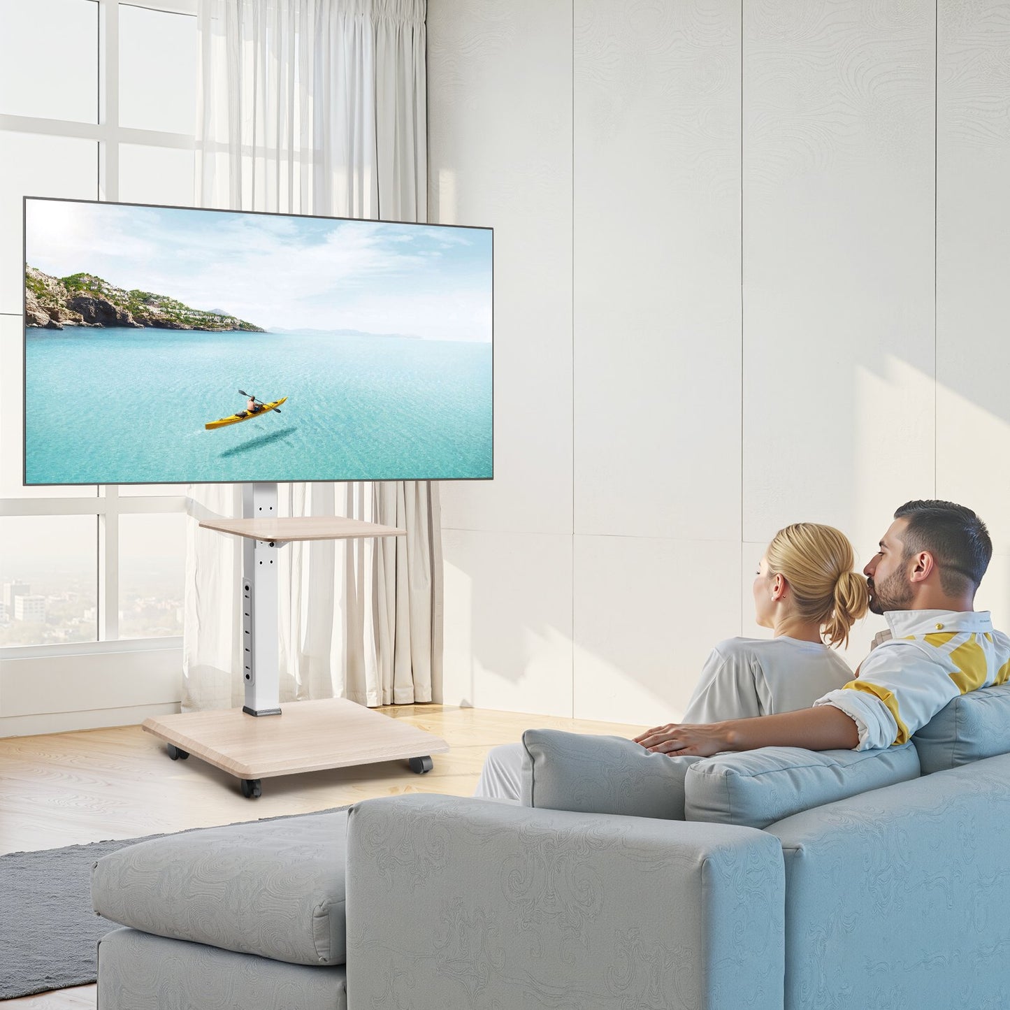 Mobile TV Stand for 32-70 Inch Screens - Height Adjustable with Tray