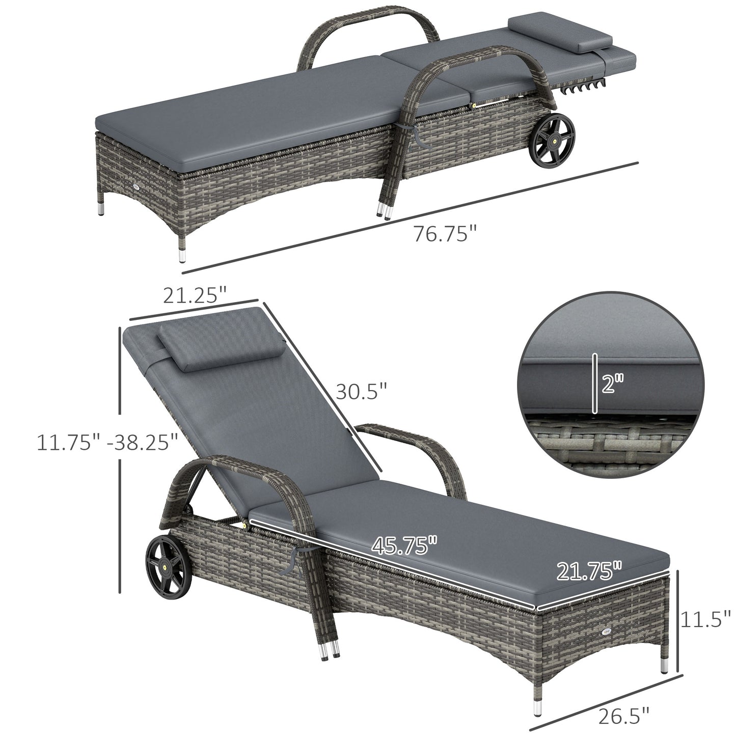Adjustable Chaise Lounge Chair with Wheels & Cushion - Gray