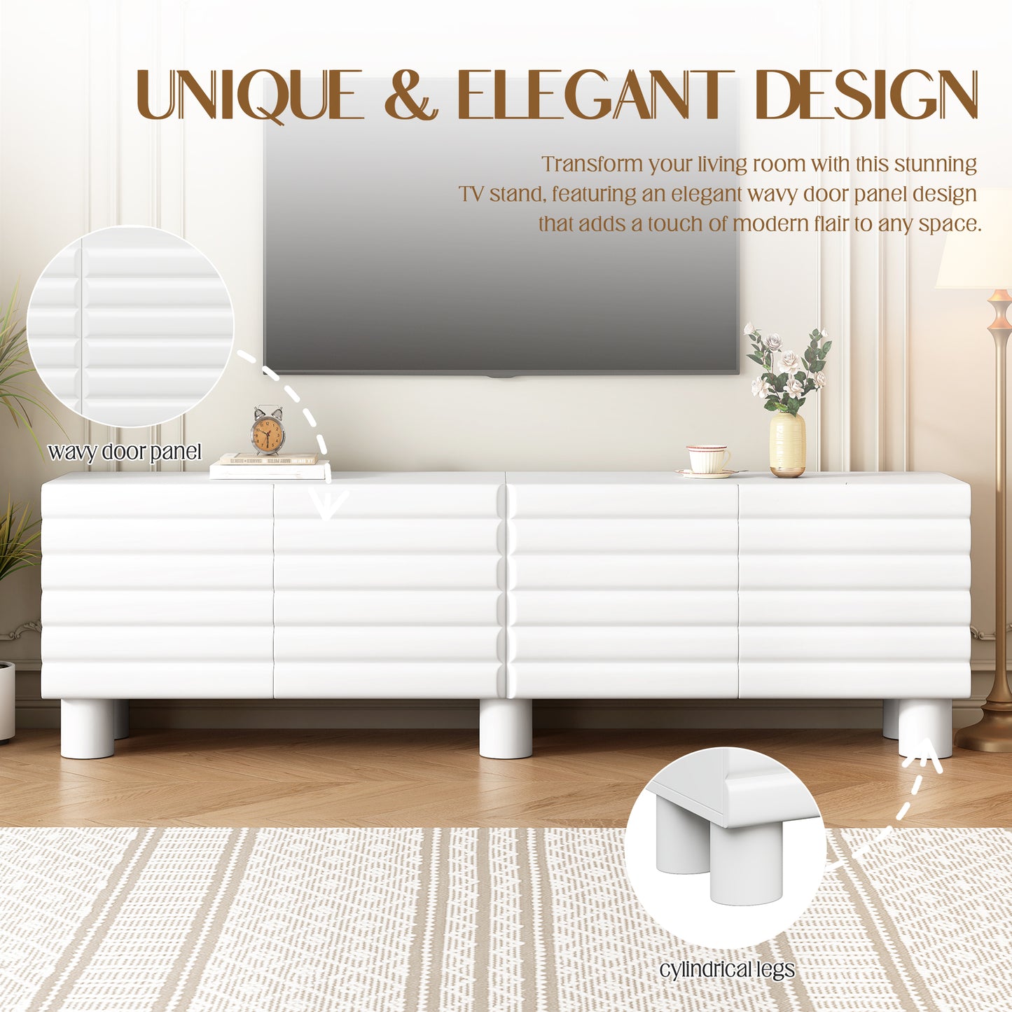 Stylish White Wavy Door TV Cabinet with Adjustable Shelves