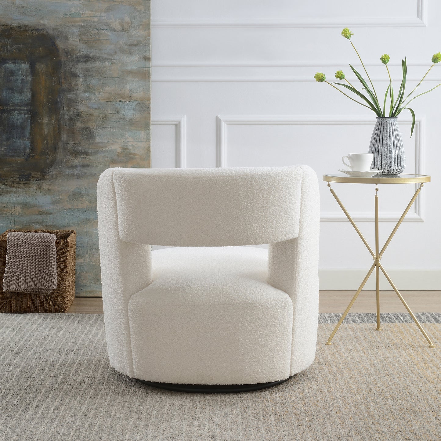 Swivel Barrel Chair in Soft Teddy Fabric - Cream Accent Chair