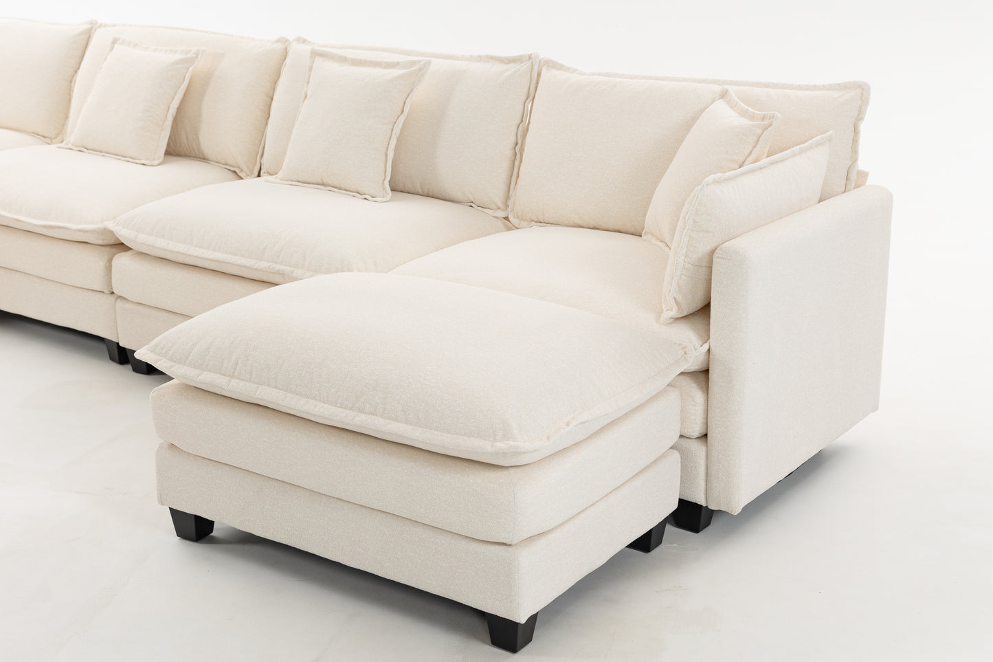 Antique White 4-Seat Sectional Sofa with Ottoman & Pillows