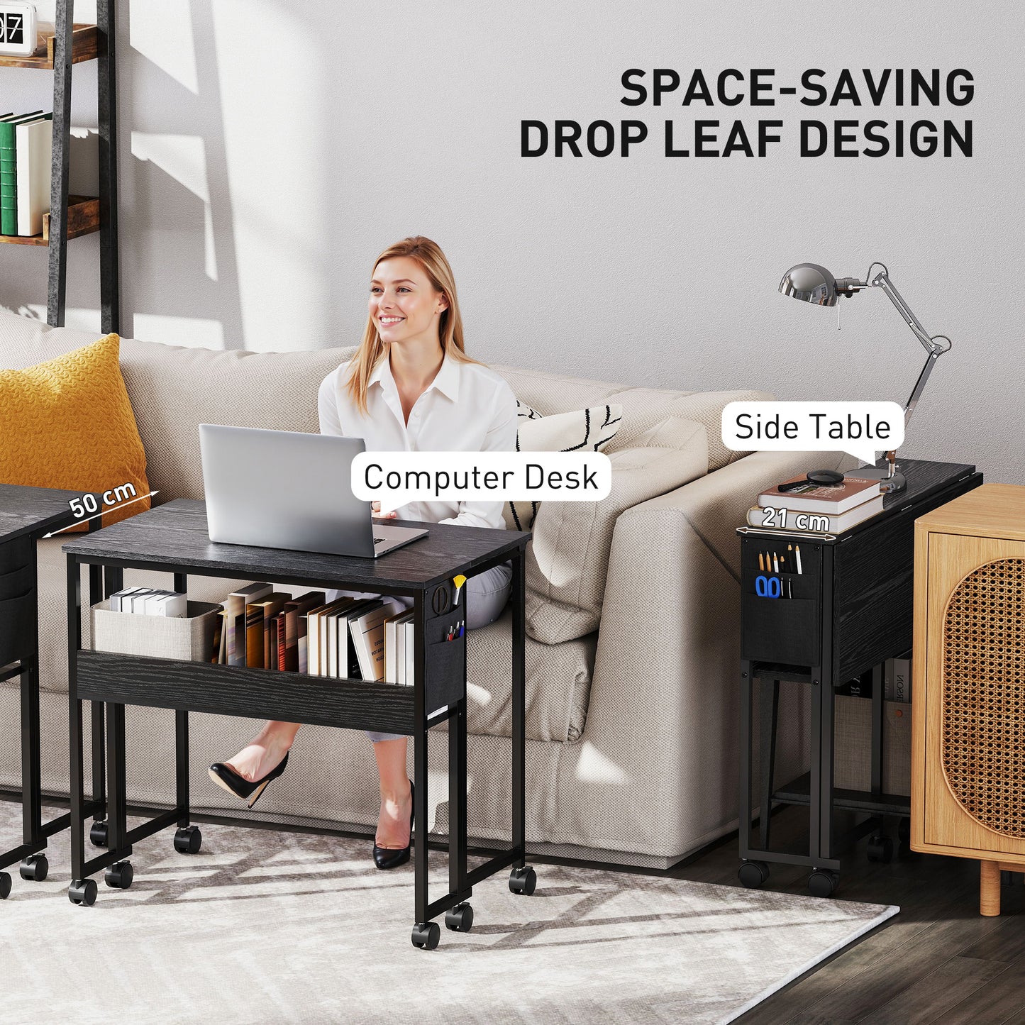 Folding Computer Desk with Storage Bag and Wheels - Black