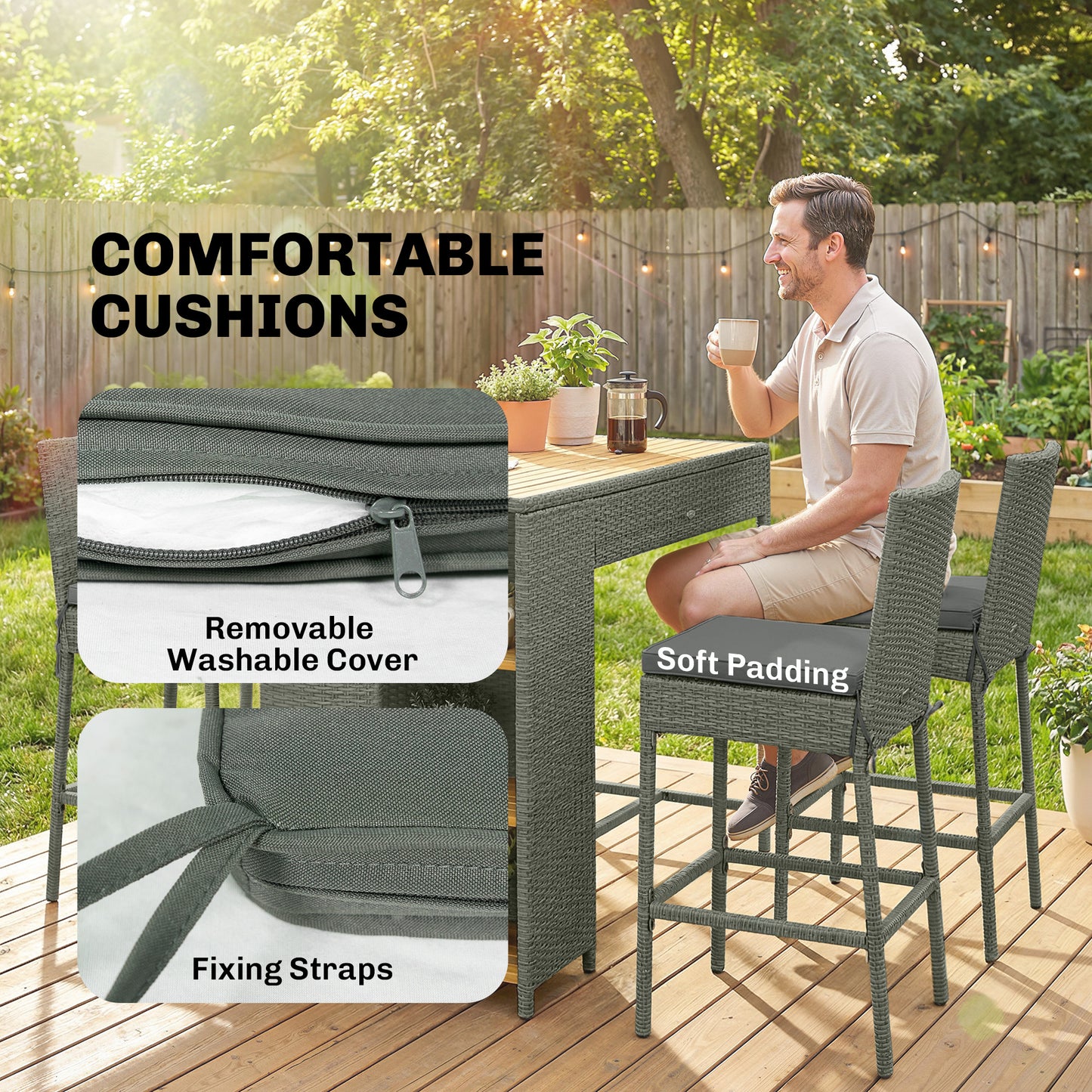 5-Piece Wicker Outdoor Bar Set with Cushions & 3 Shelves - Gray