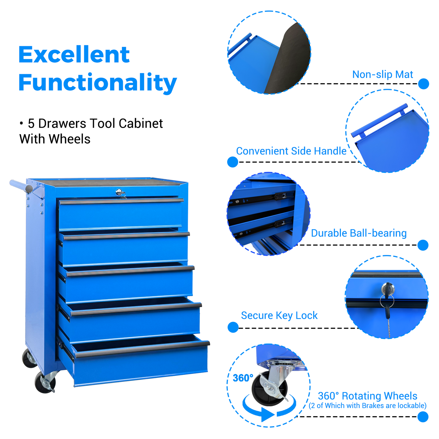 Rolling Metal Tool Chest with 5 Drawers - 20" Steel Storage Cabinet - Blue