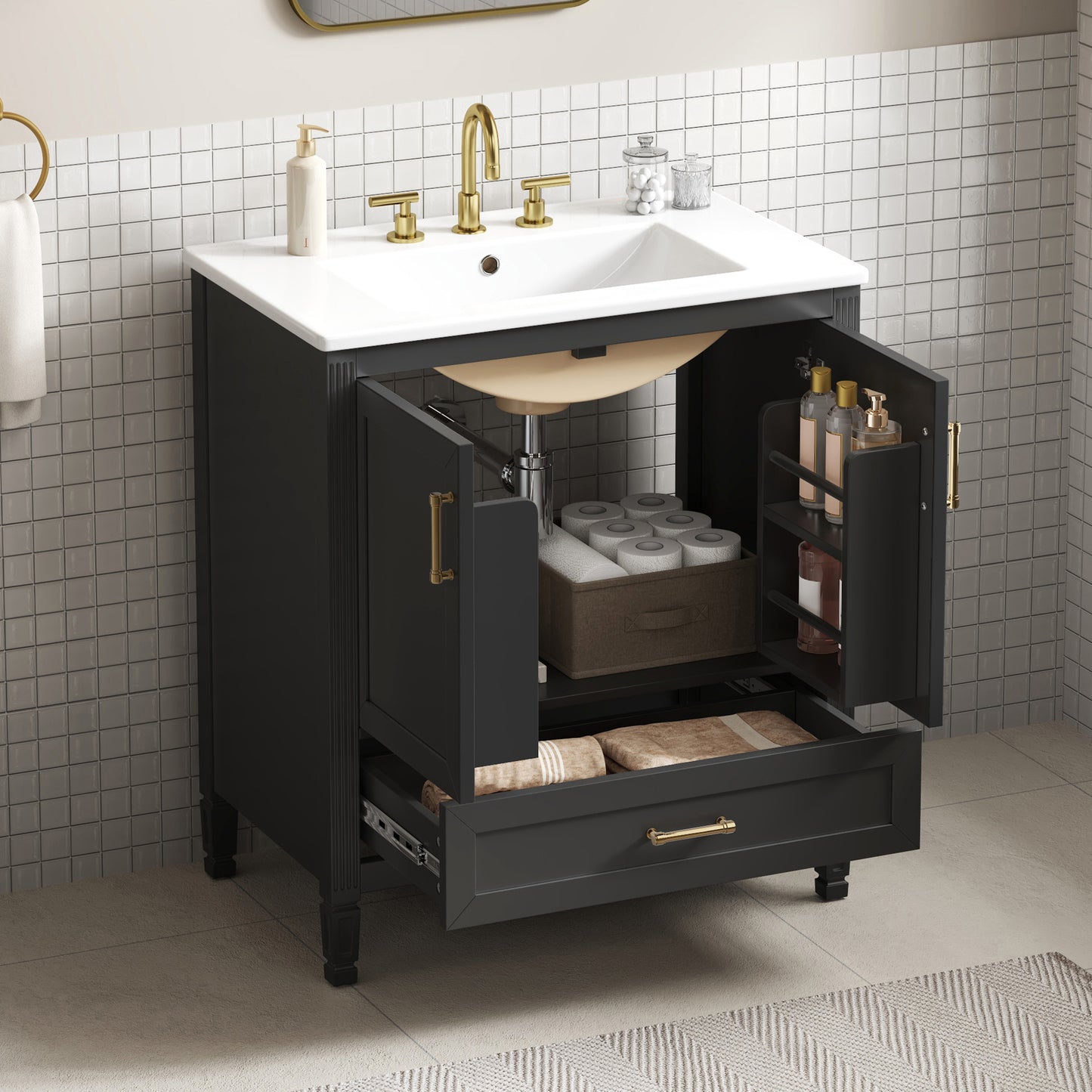 30-Inch Elegant Fluted Bathroom Vanity with Ceramic Sink - Black