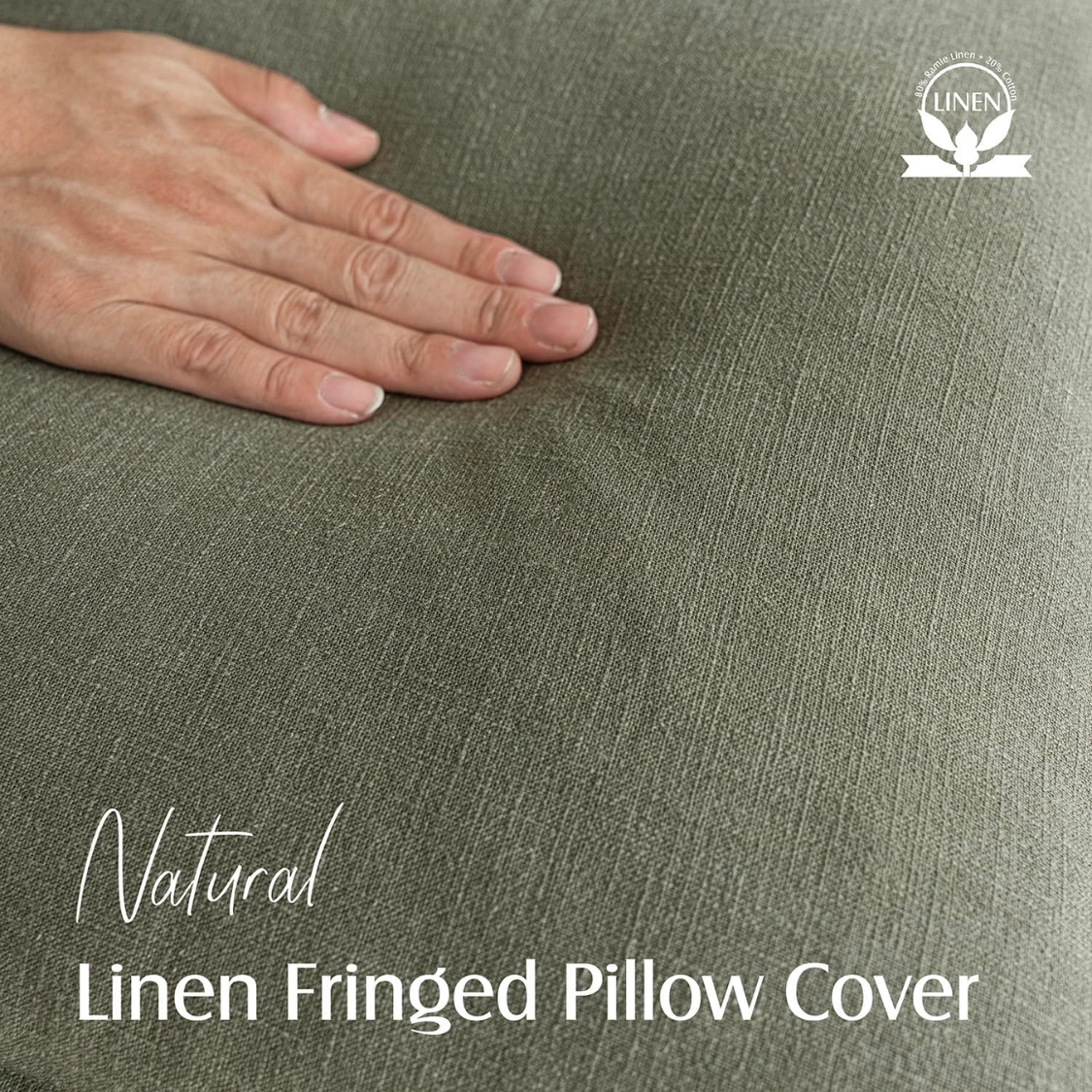 Decorative Linen Fringe Throw Pillow Cover - 18x18 Inch, Olive Green Set of 2