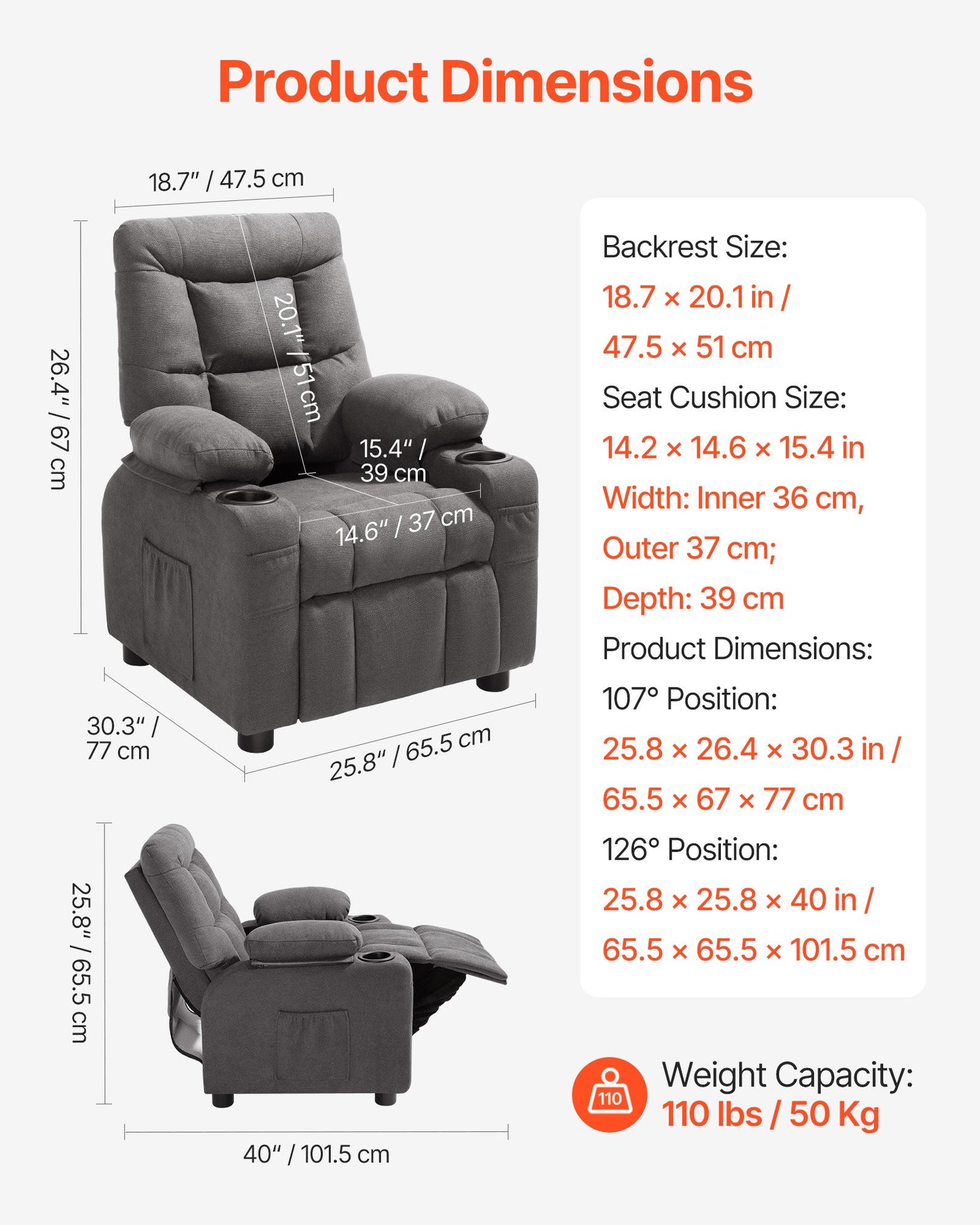 Kids Recliner Chair with Cup Holders & Adjustable Backrest - Gray