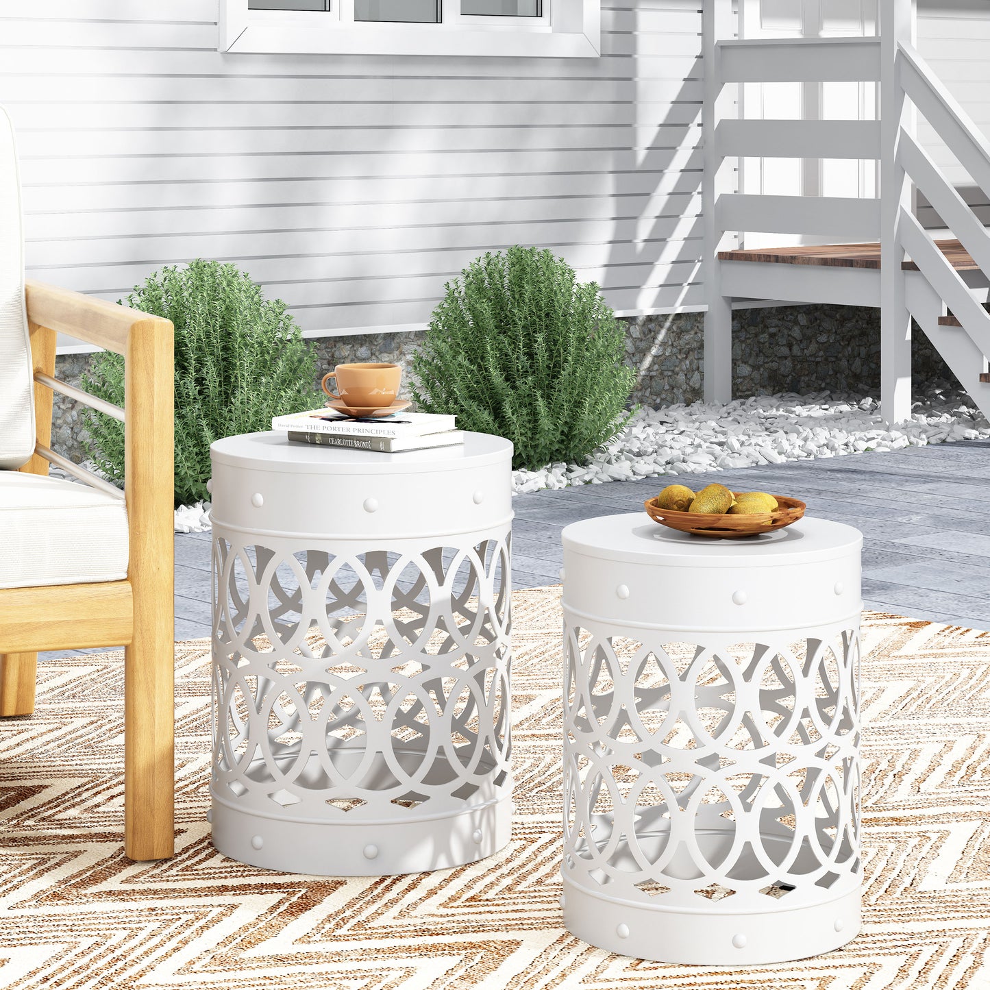 Outdoor Metal End Table Set - White Iron Cut Design