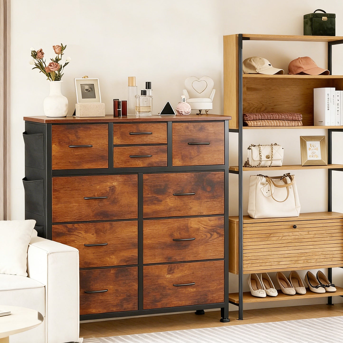 10-Drawer Storage Cabinet with Side Pocket & Hooks - Brown
