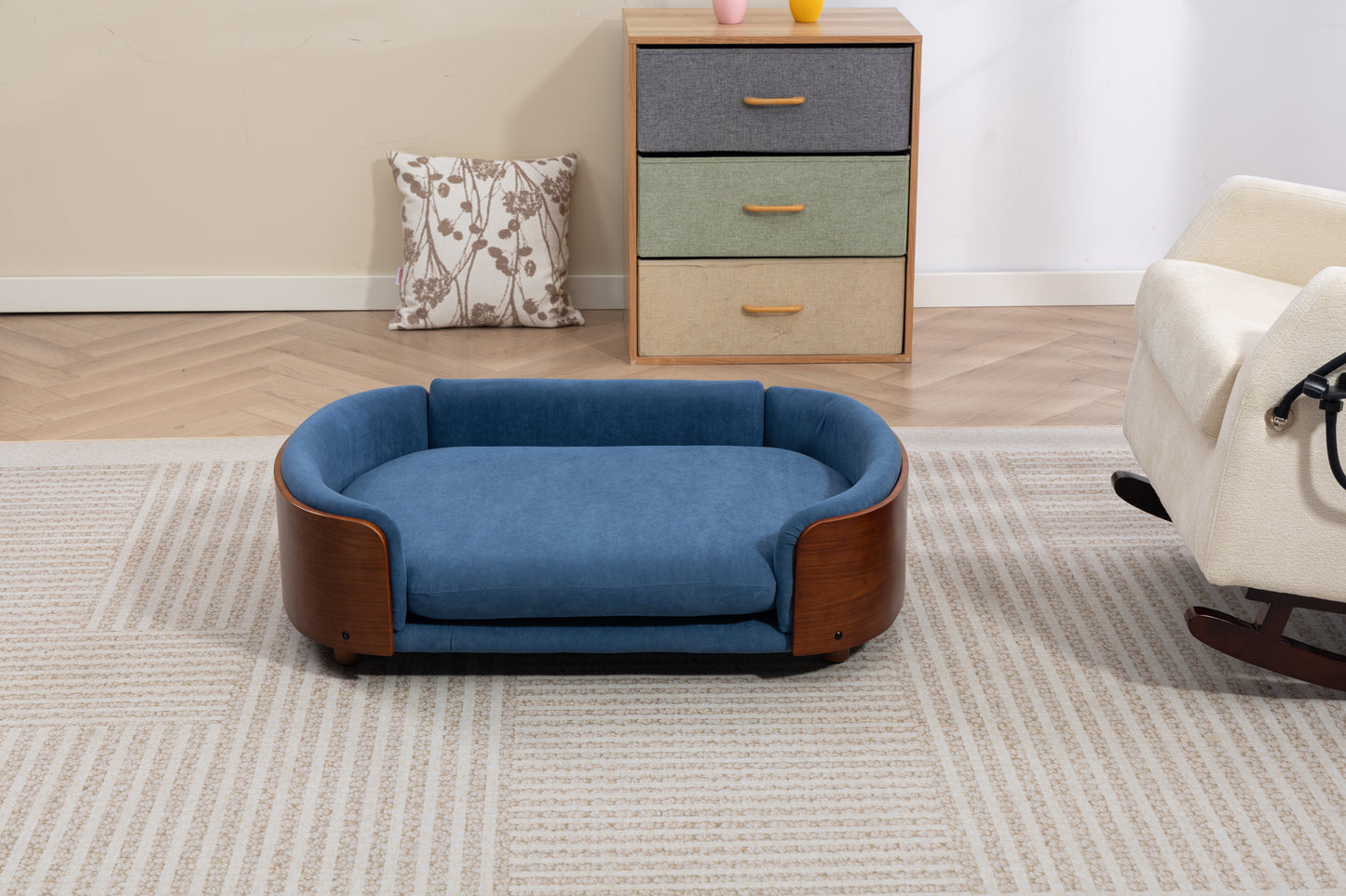 Large Scandinavian Style Elevated Dog Bed with Velvet Cushion and Solid Wood Legs