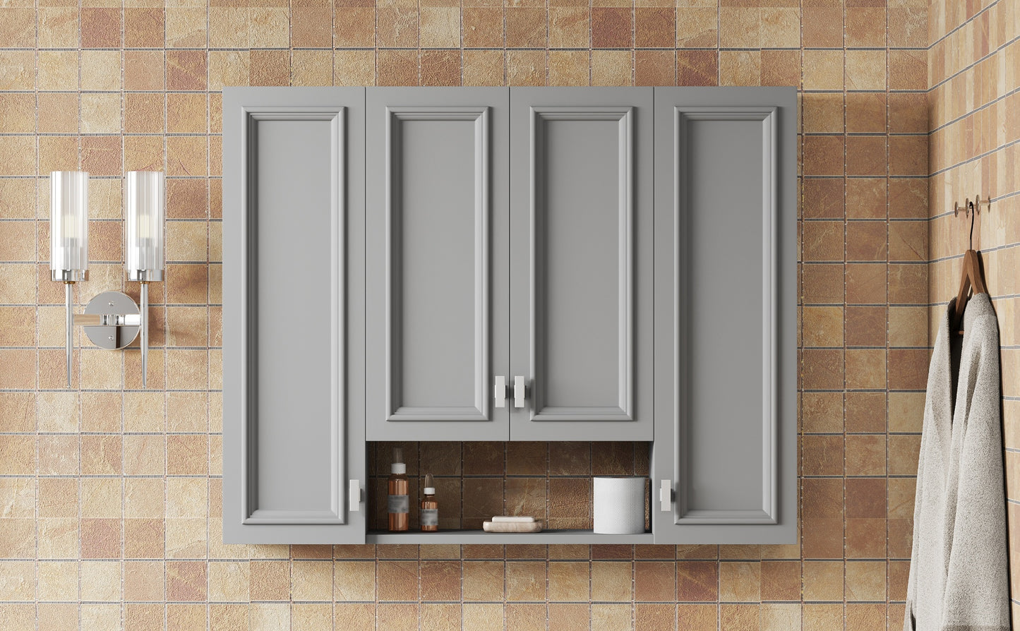 Wall-Mounted Modern Bathroom Cabinet with 5 Adjustable Shelves - Gray