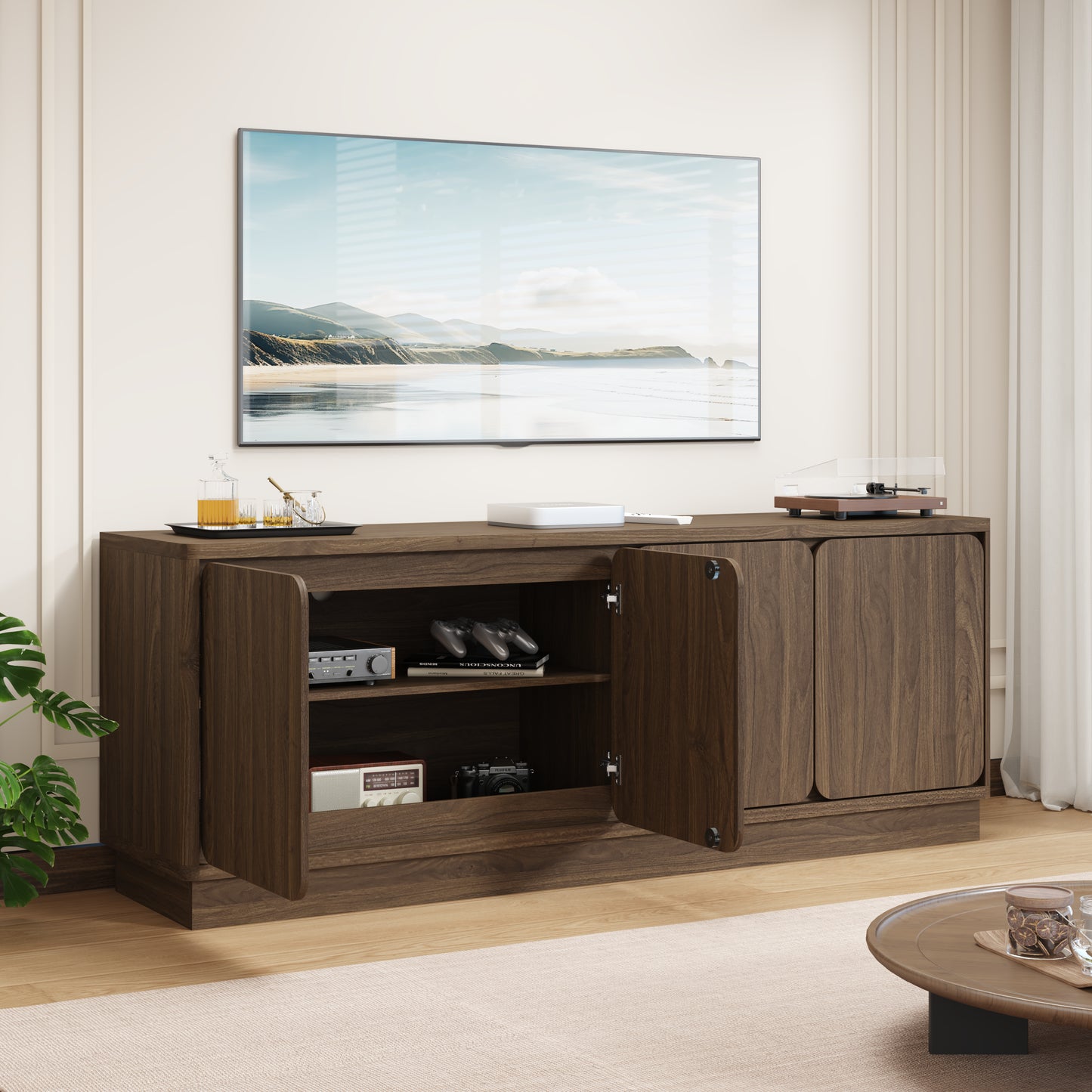 63 Inch Walnut TV Stand with 4 Storage Doors - Modern Media Console
