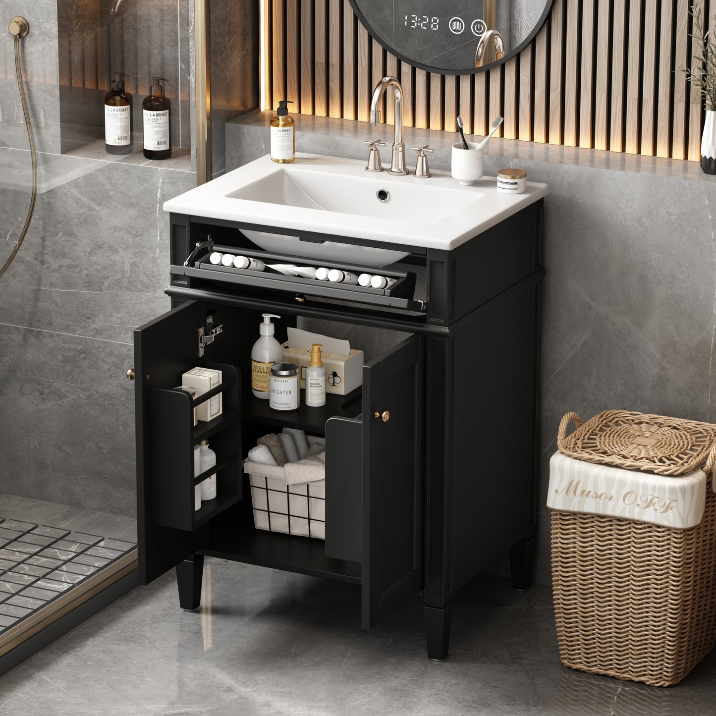 24" Black Bathroom Vanity with Soft-Close Doors & Storage
