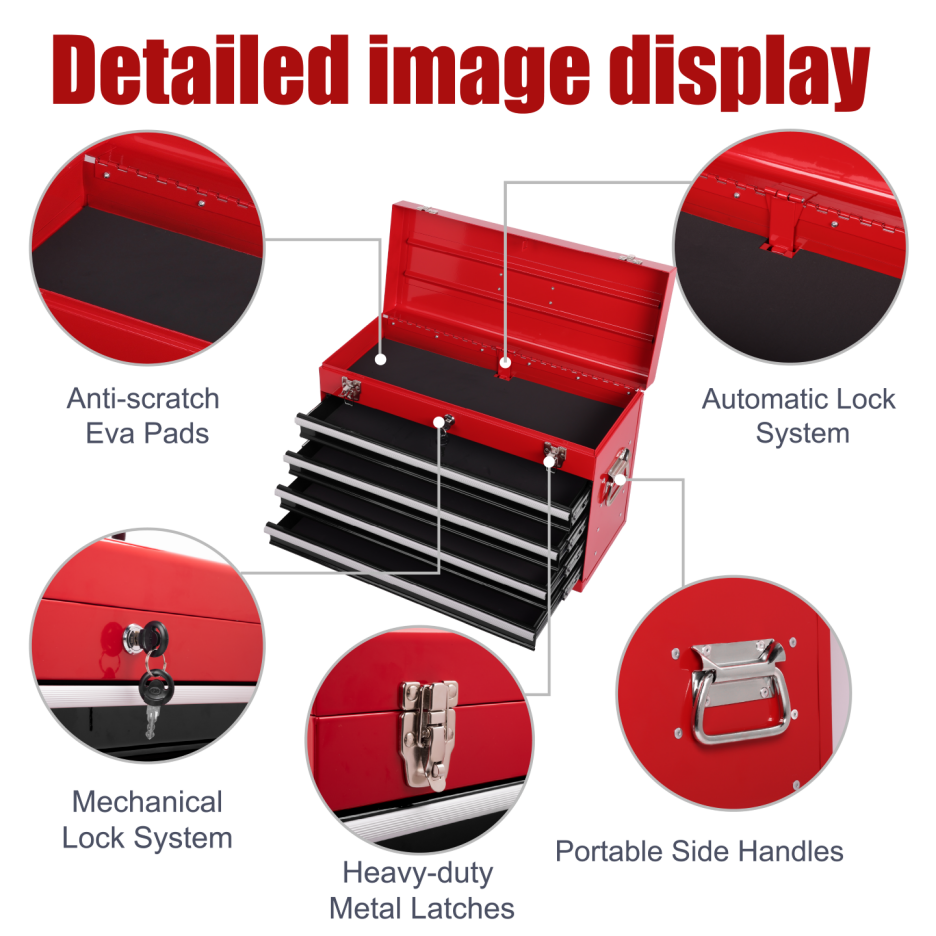 Heavy Duty Metal Tool Box 21-Inch with 4 Drawers, Locking & EVA Liners - Portable Steel Organizer, Red & Black
